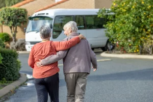 Woman walking towards bus